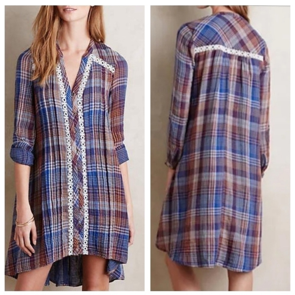 Anthro HOLDING HORSES Plaid Button-Down Shirt with Lace Detail